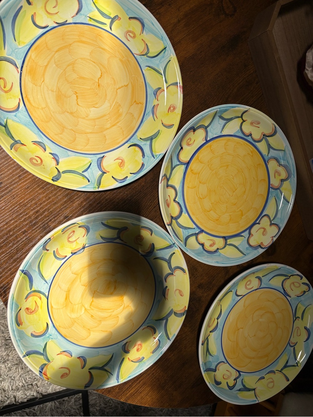 Hand-Painted Yellow Floral Ceramic Dinner Plates - Set of 4